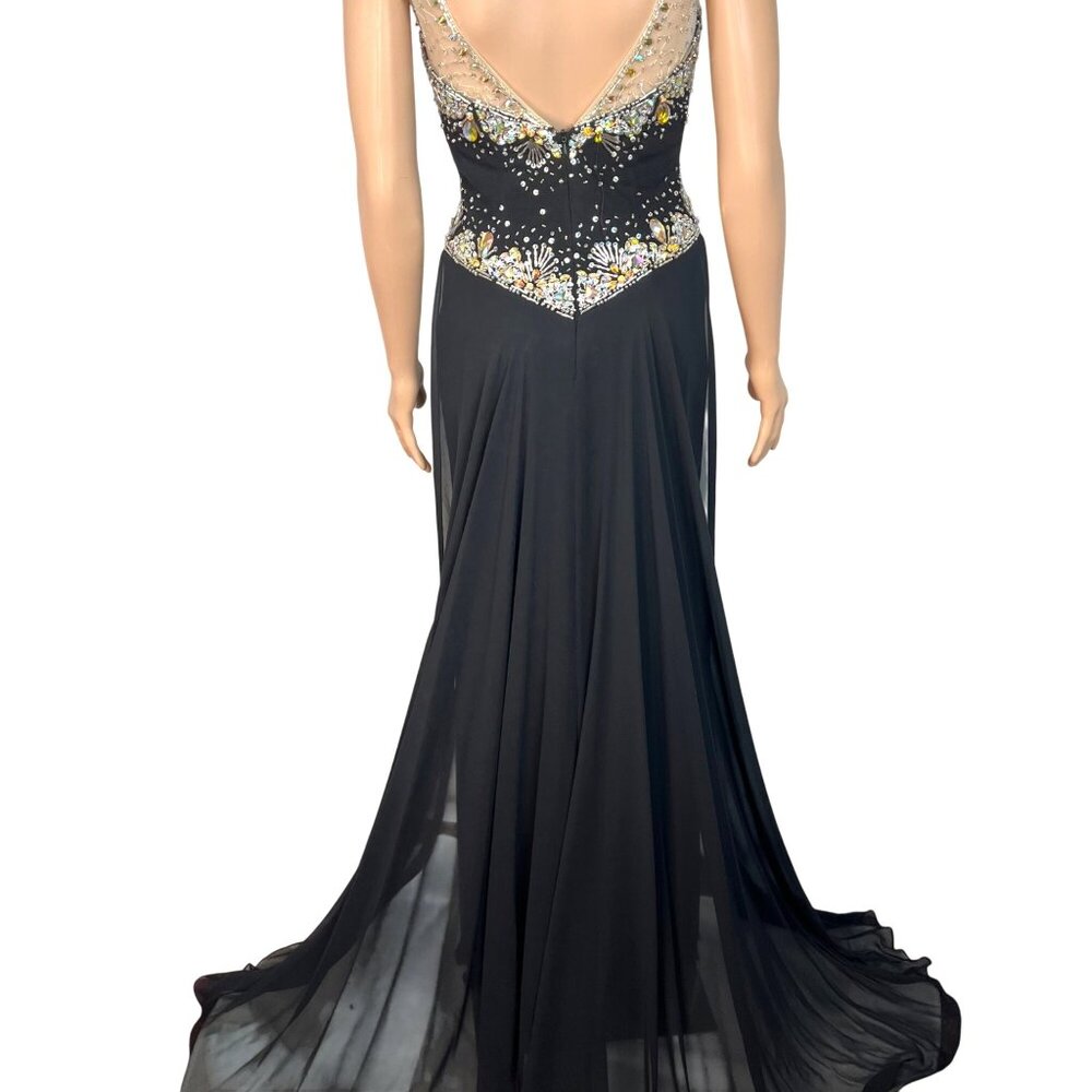 Panoply Black Rhinestone Embellished Mesh Illusion Gown Size 6 W Sheer Neckline - Picture 2 of 13